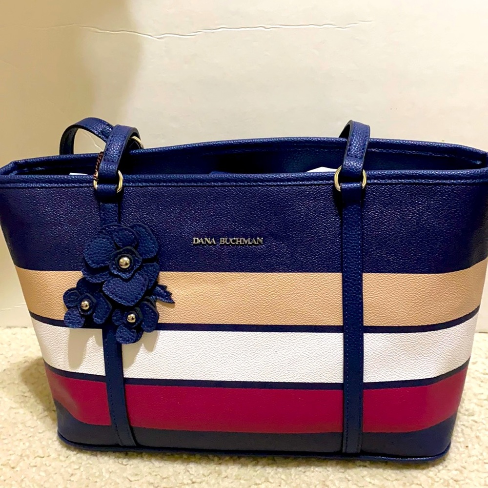 Blue, white, tan, and burgundy purse/bag